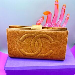 Chanel long brown caviar leather snap wallet with sticker. 7x4